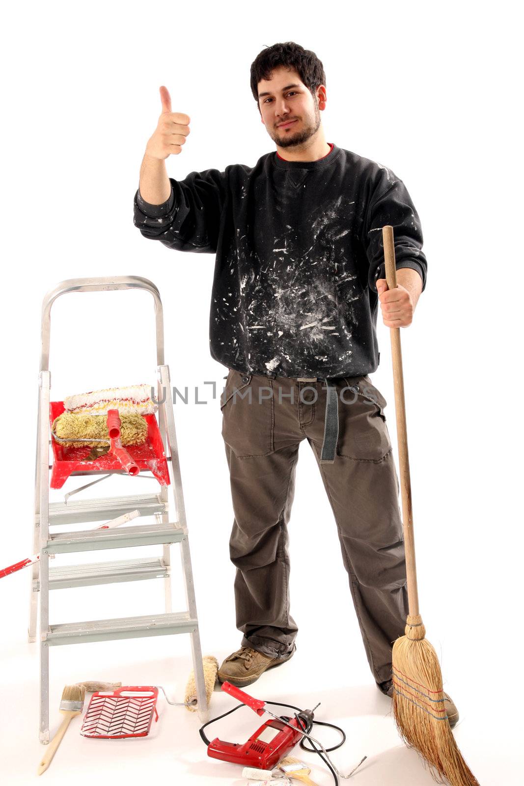 house painter with paint roller on white background