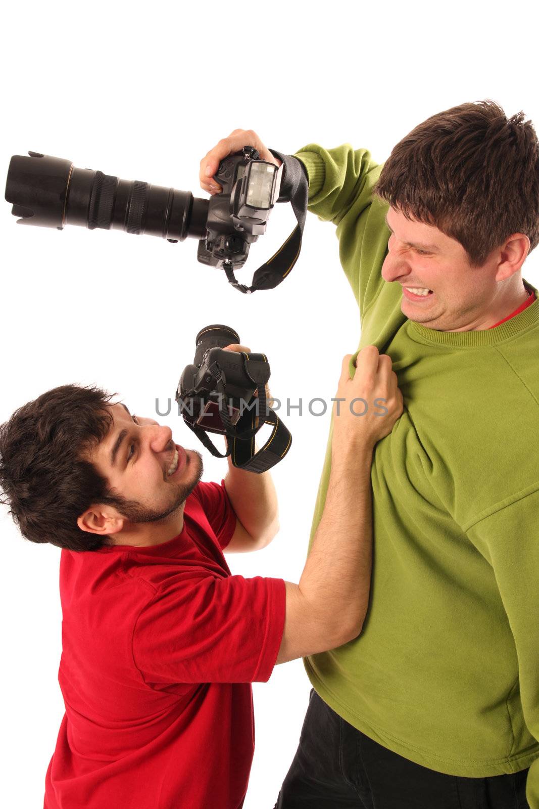 Two Professional photographers fighting on white background