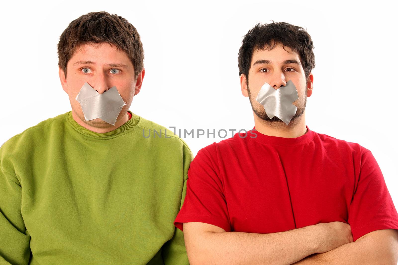 Two guys with adhesive tape on lips