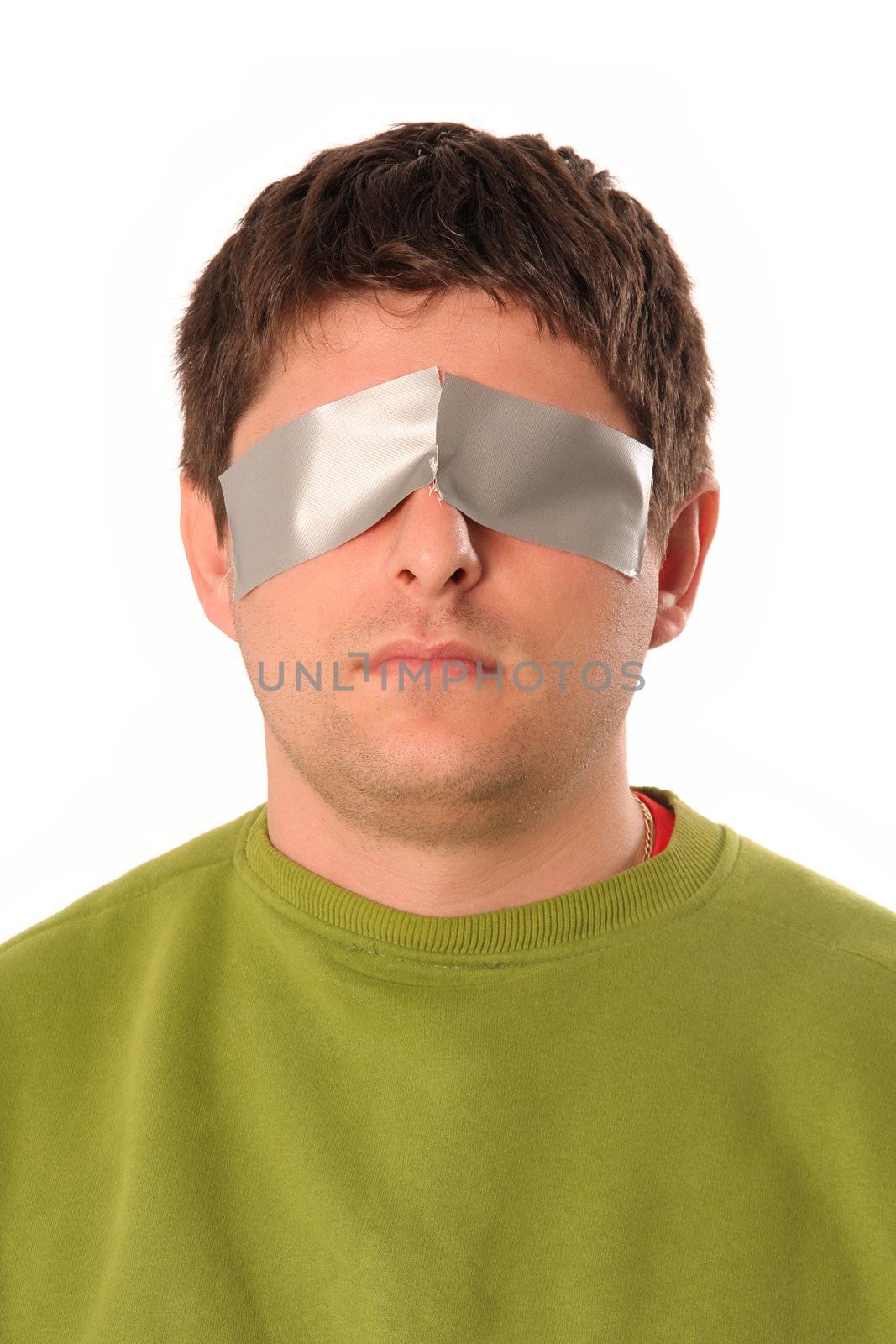 guy with adhesive tape on white background