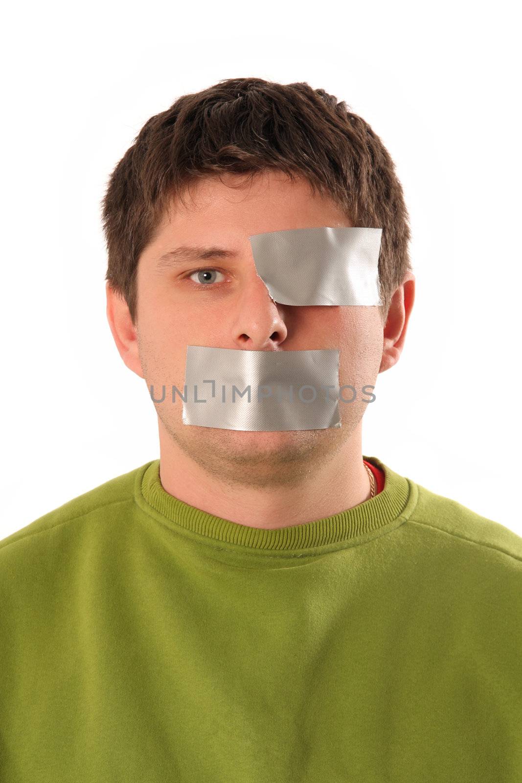 guy with adhesive tape on white background
