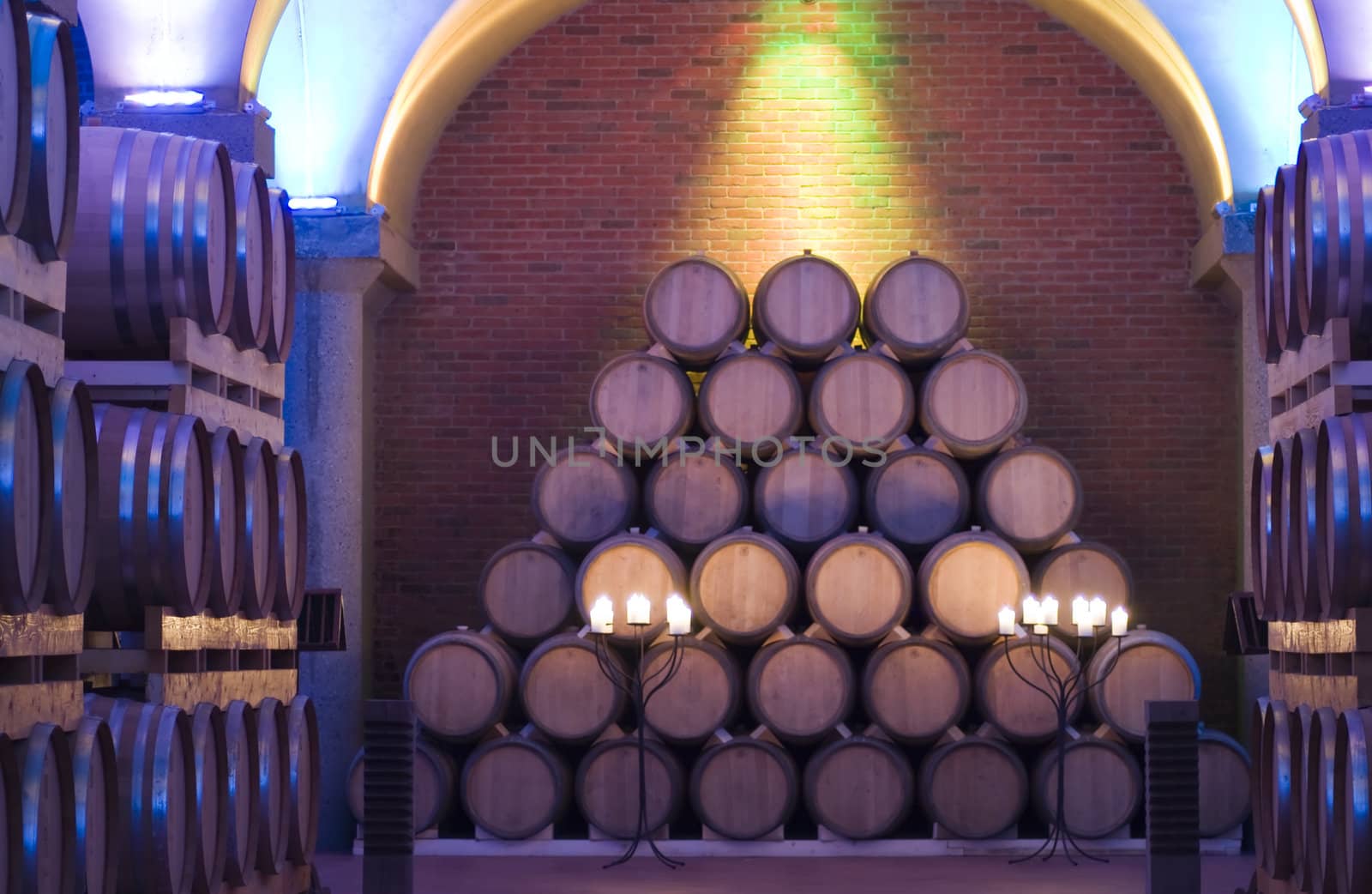 Pile of barrels in a cellar