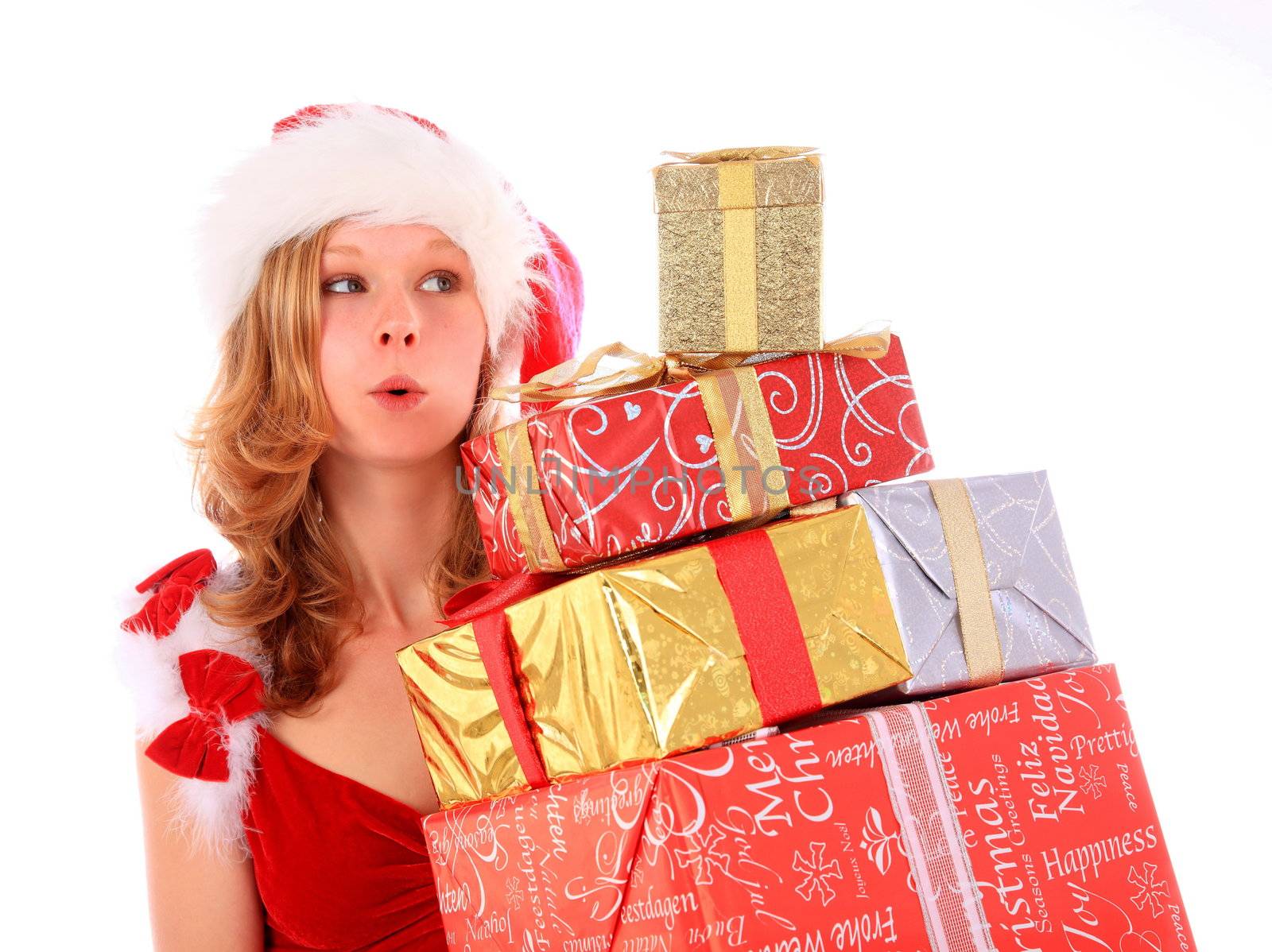 Miss Santa is Carrying Gift Boxes by PixBox