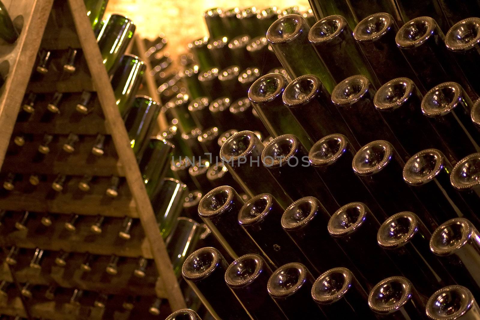 Closeup of bottles of wine aging in an old cellar