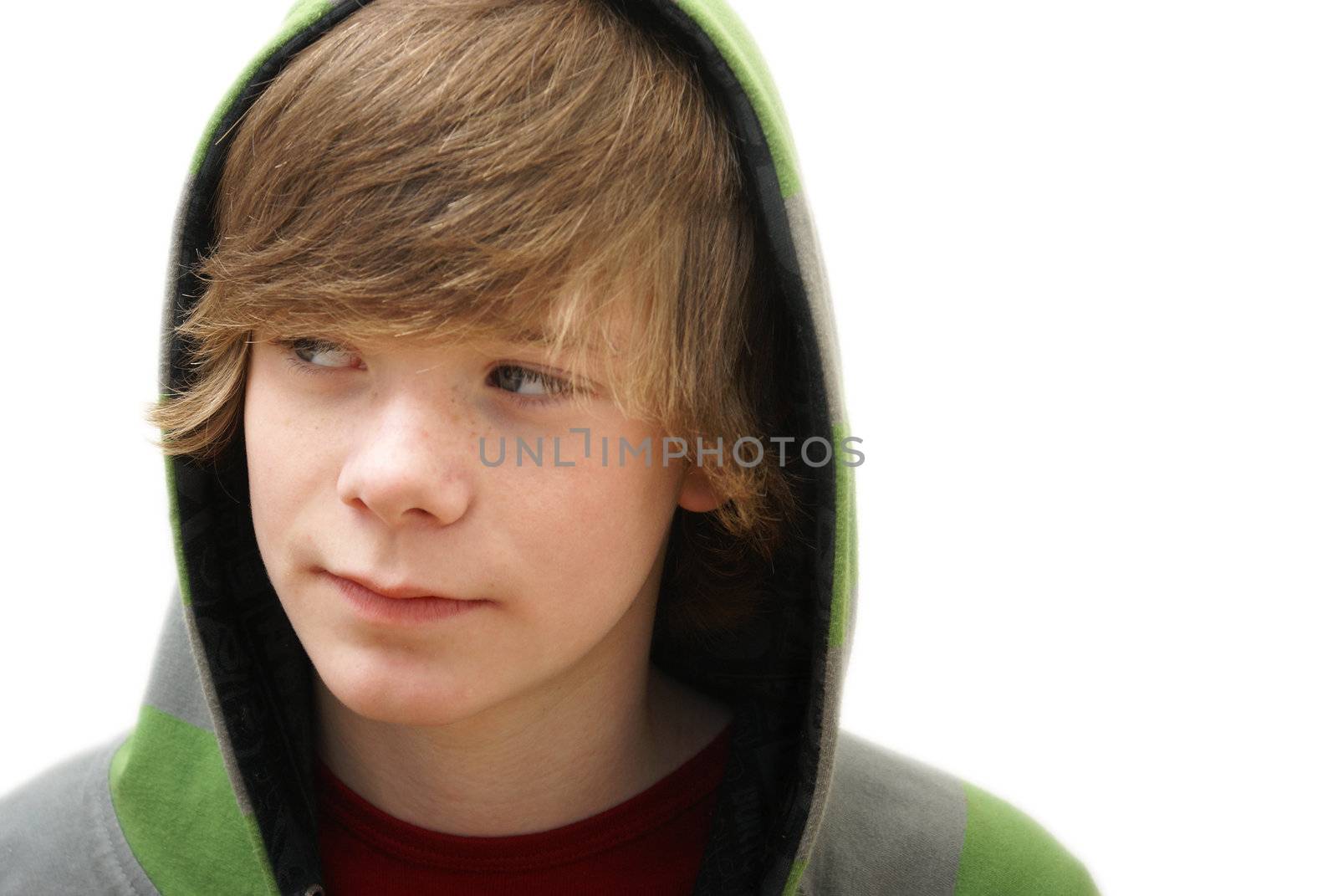 A young teenage boy wearing a green and gray hoodie.