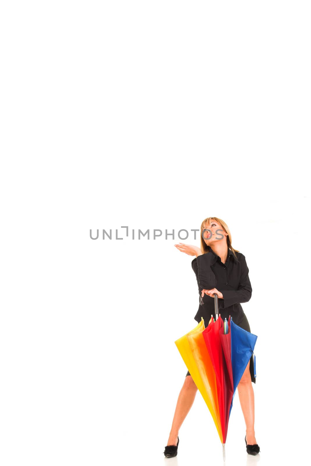 young girl with umbrella in colors on white background