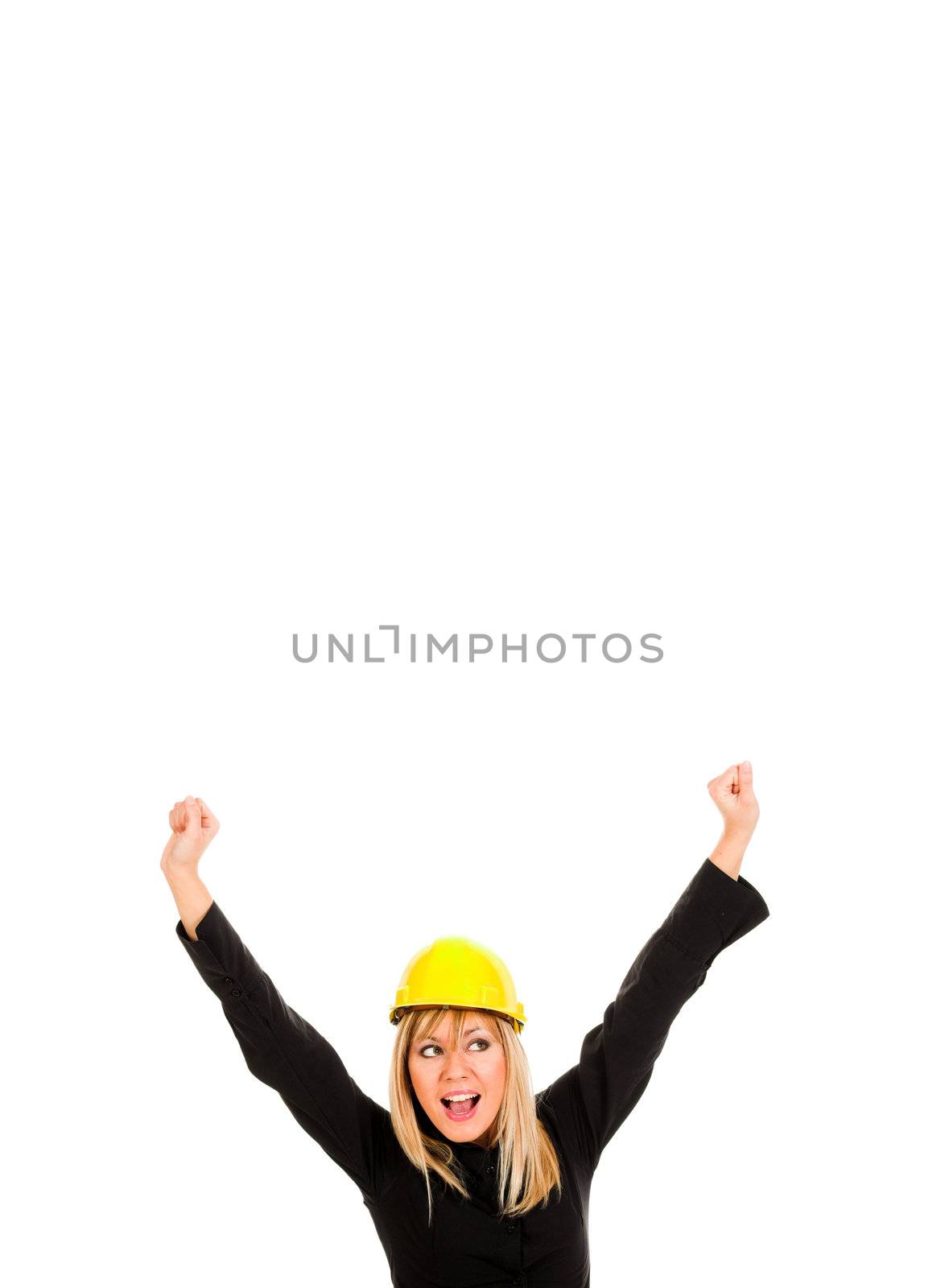 A businesswoman with happy hands raised on white background