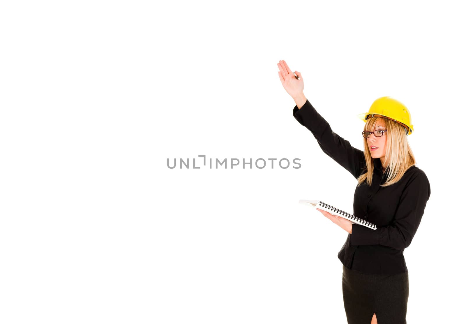 A businesswoman with documents and pencil on white background