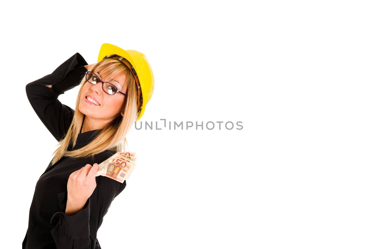 A businesswoman with earnings on white background