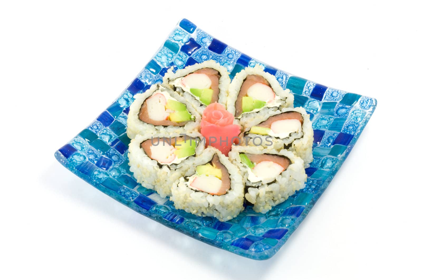 A selection of rolls sushi against a white background
