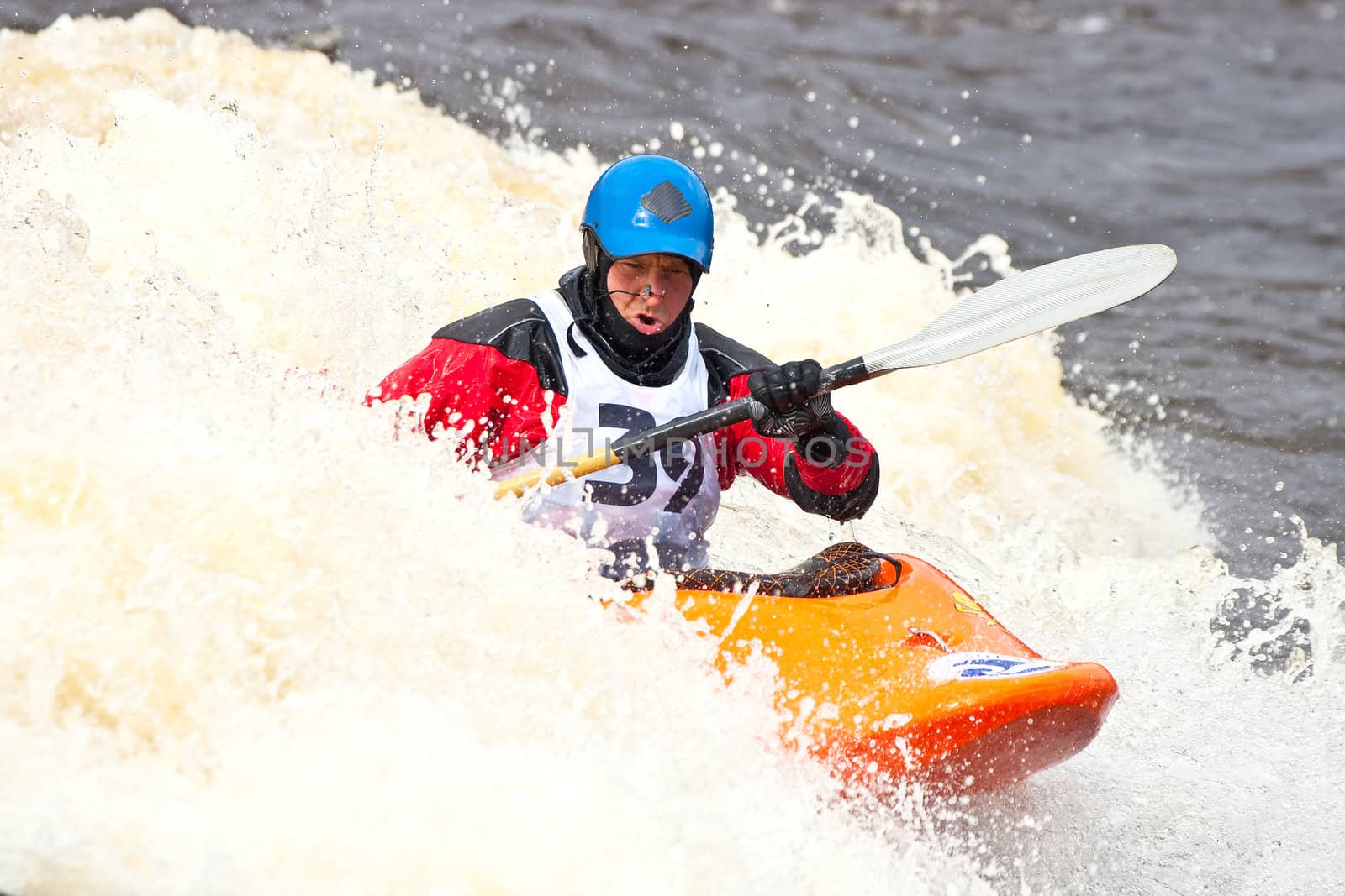 Kayak freestyle on whitewater, Russia, Msta, may 2010