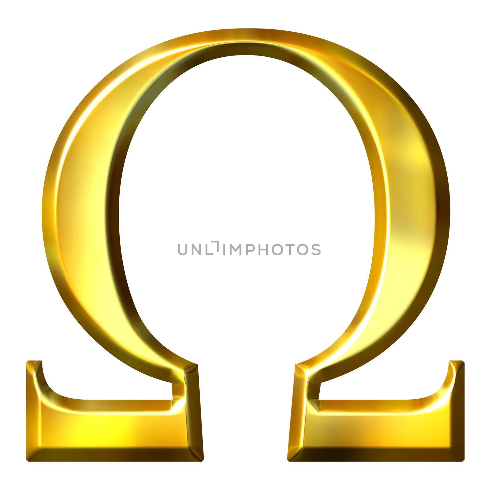 3d golden Greek letter omega isolated in white