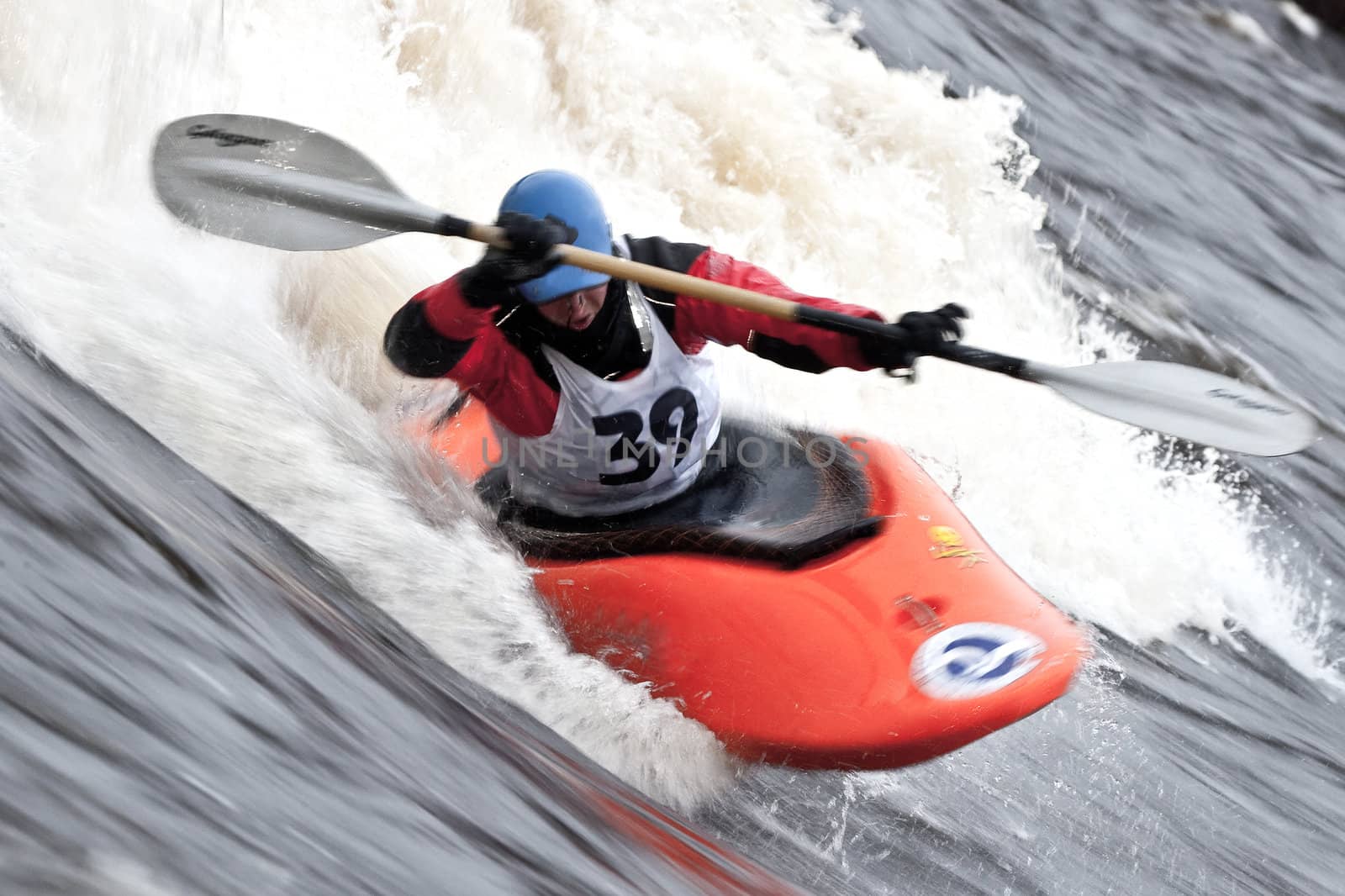 Kayak freestyle on whitewater, Russia, Msta, may 2010