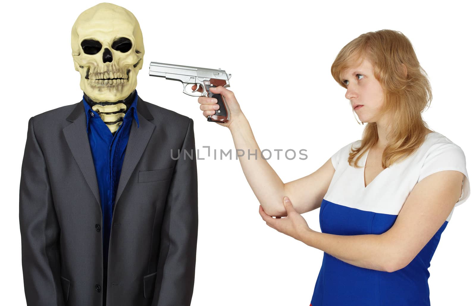 Woman threatens with pistol to person - skeleton by pzaxe