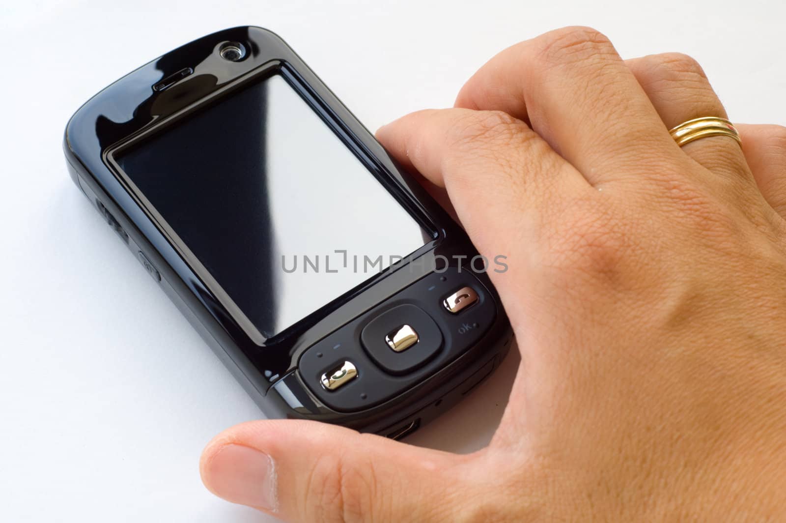 Man hand holding pda and stylus, isolated over white