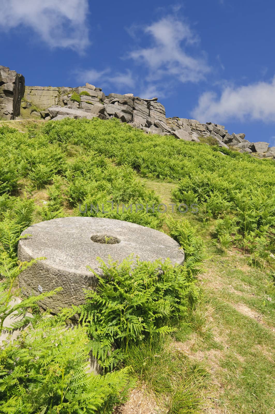 View from Stanage Edge on Hathersage Moor in Peak District National Park Derbyshire England