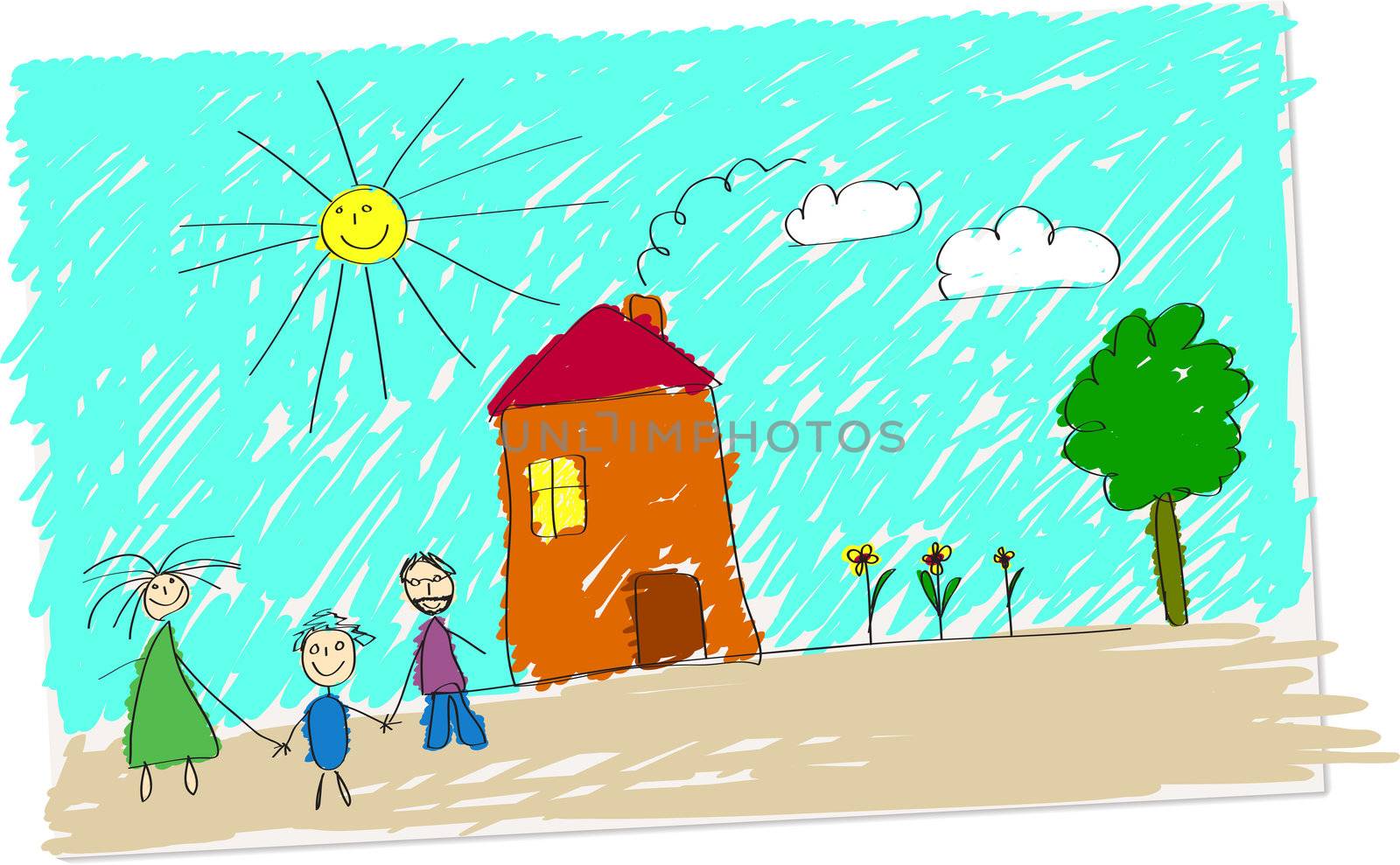 Illustration of childlike drawing of happy family in front of their home.