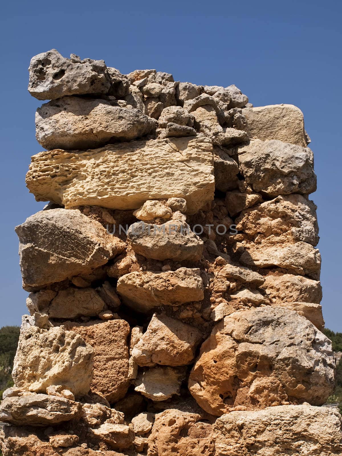 Cross section of old and neglected historic Roman wall on the island of Malta