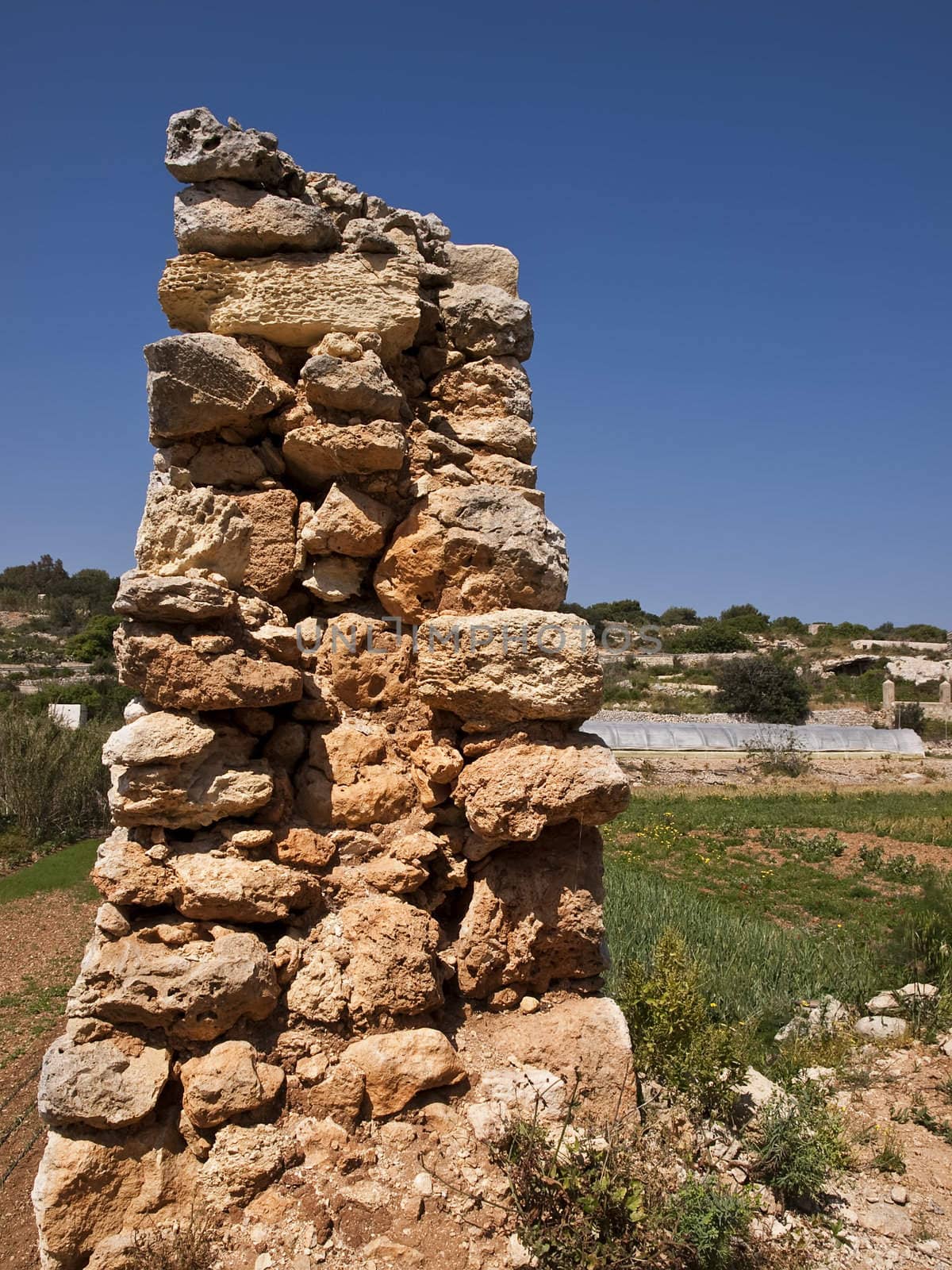 Cross section of old and neglected historic Roman wall on the island of Malta