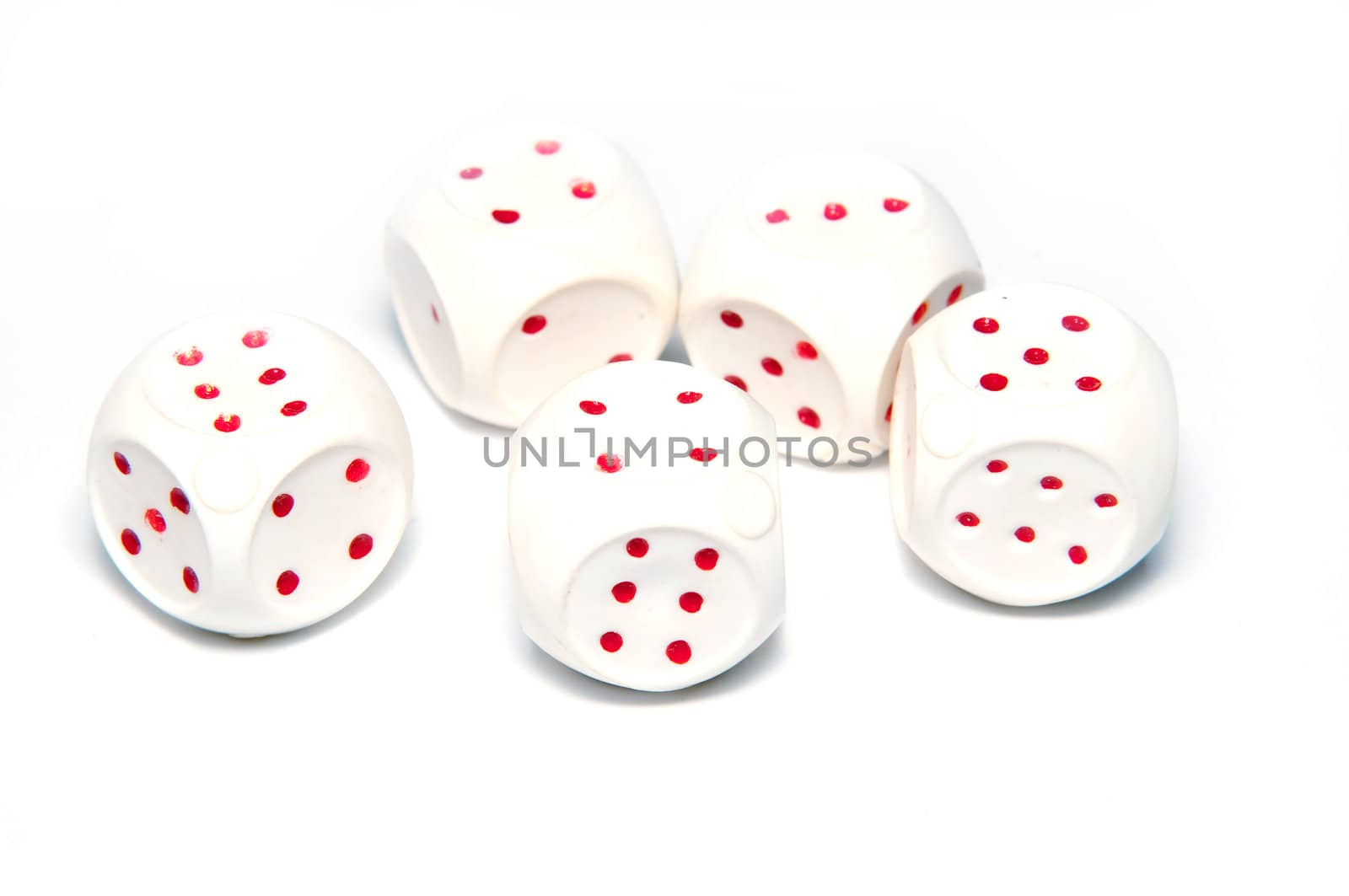5 white dice with red on white background