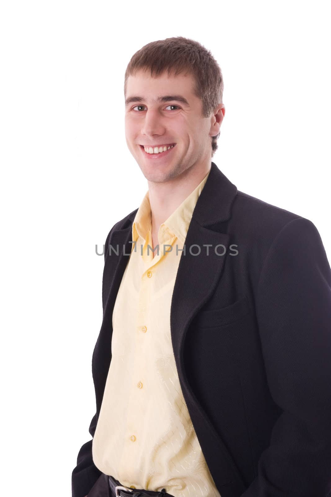Happy young businessman smiling isolated over white