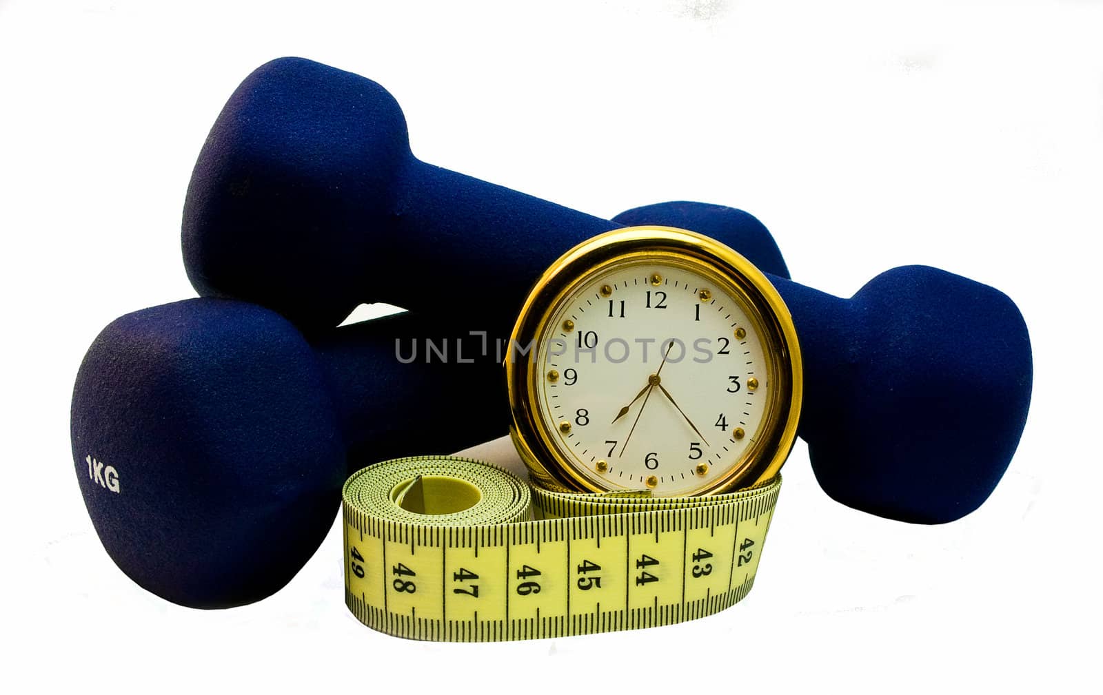 Two dumbbells, measuring tape and clock isolated on white  