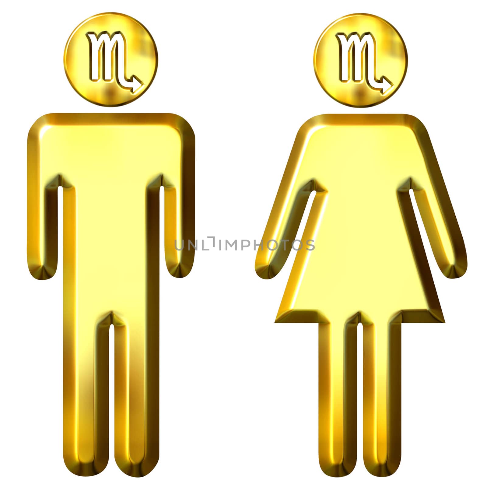 3d golden Scorpio man and woman isolated in white