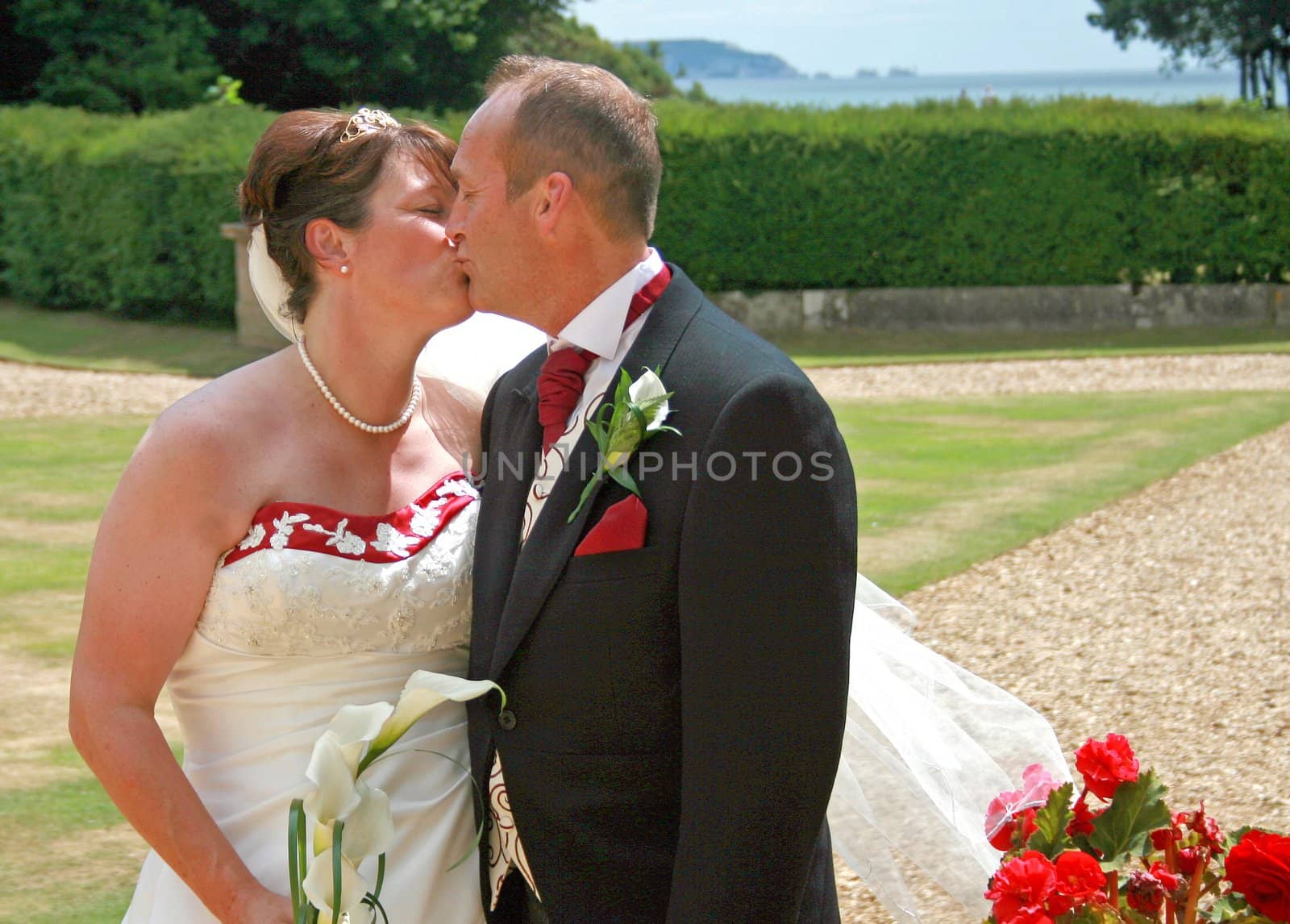 Bride and Groom Kissing with Roses by quackersnaps