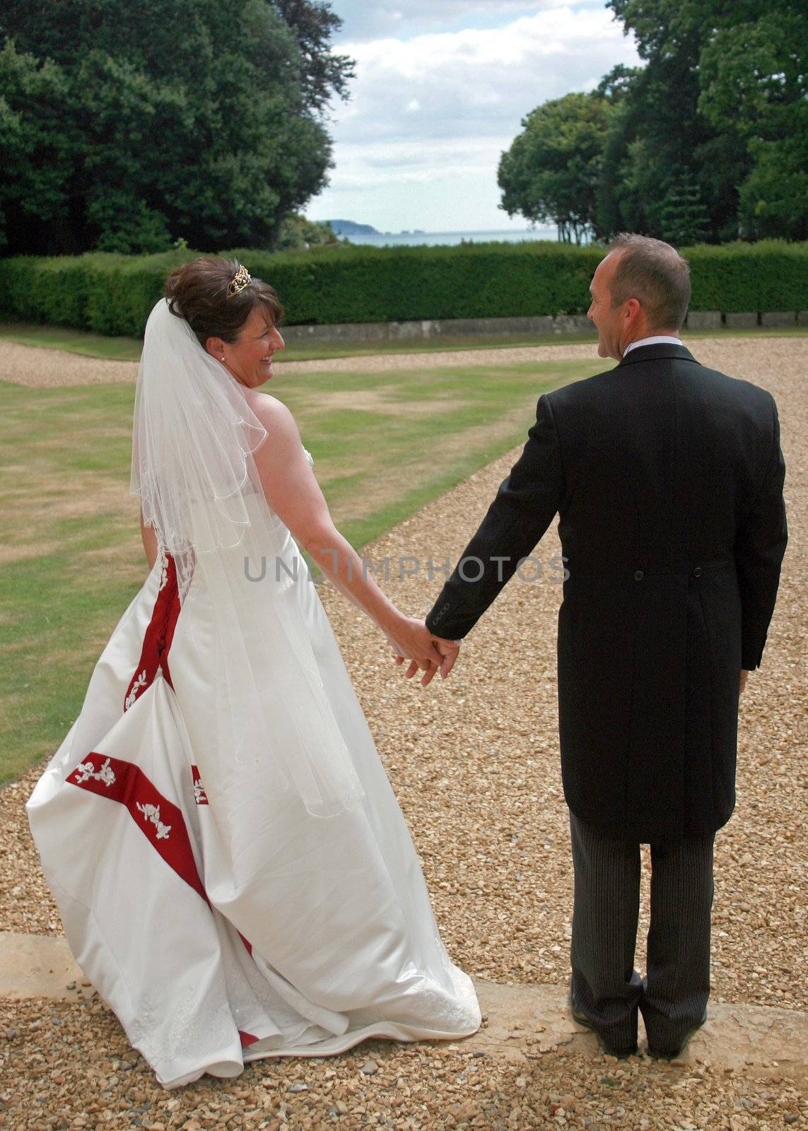 Back of Bride and Groom Holding Hands by quackersnaps