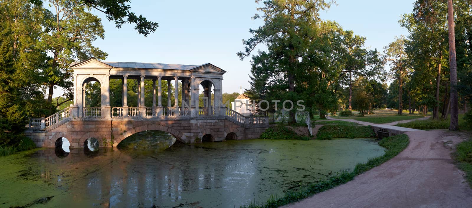 Marble Bridge in Tsarskoye Selo (Pushkin) St. Petersburg Russia. Wide panorama XXXL