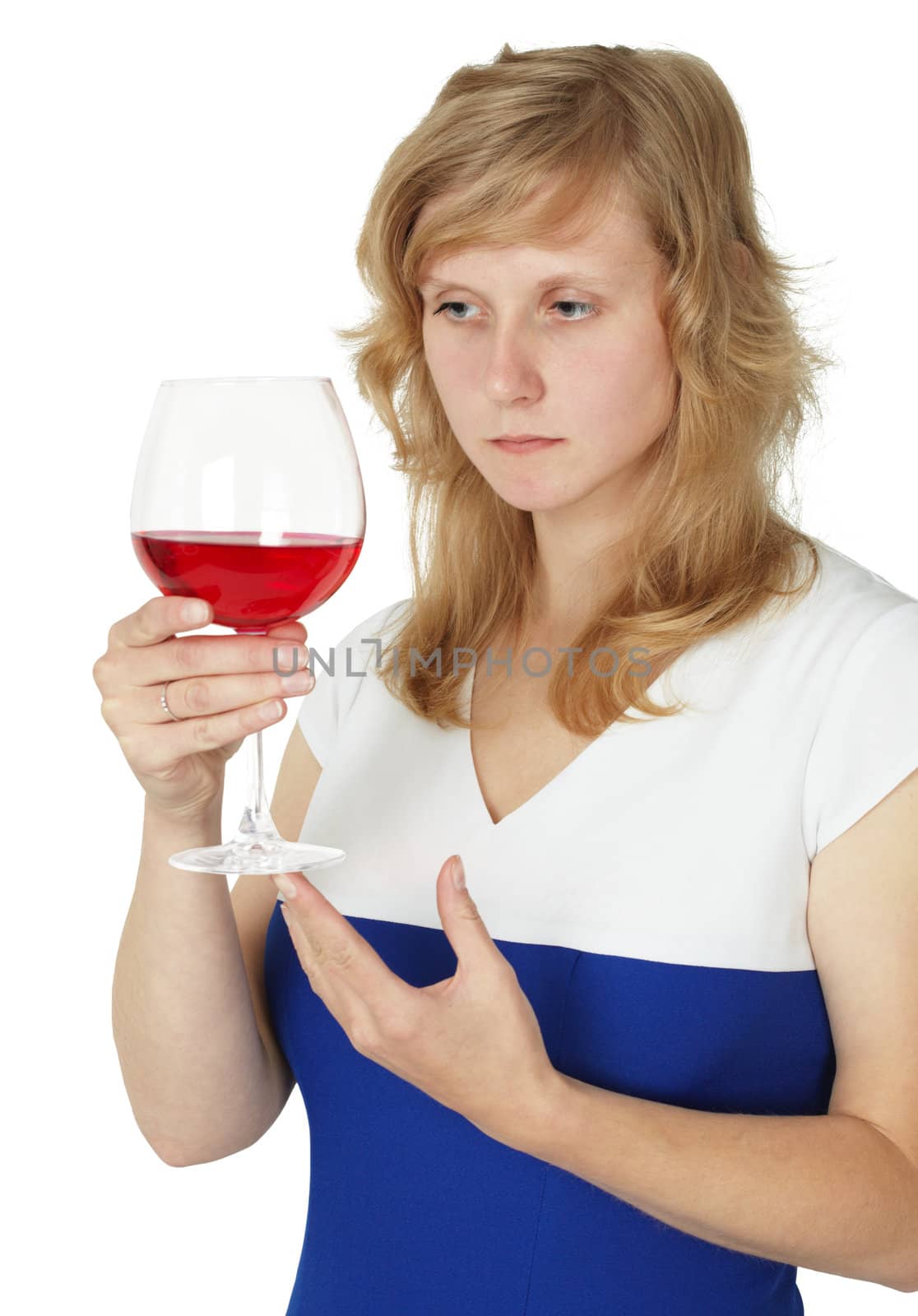Woman holding a glass of red wine isolated on white background
