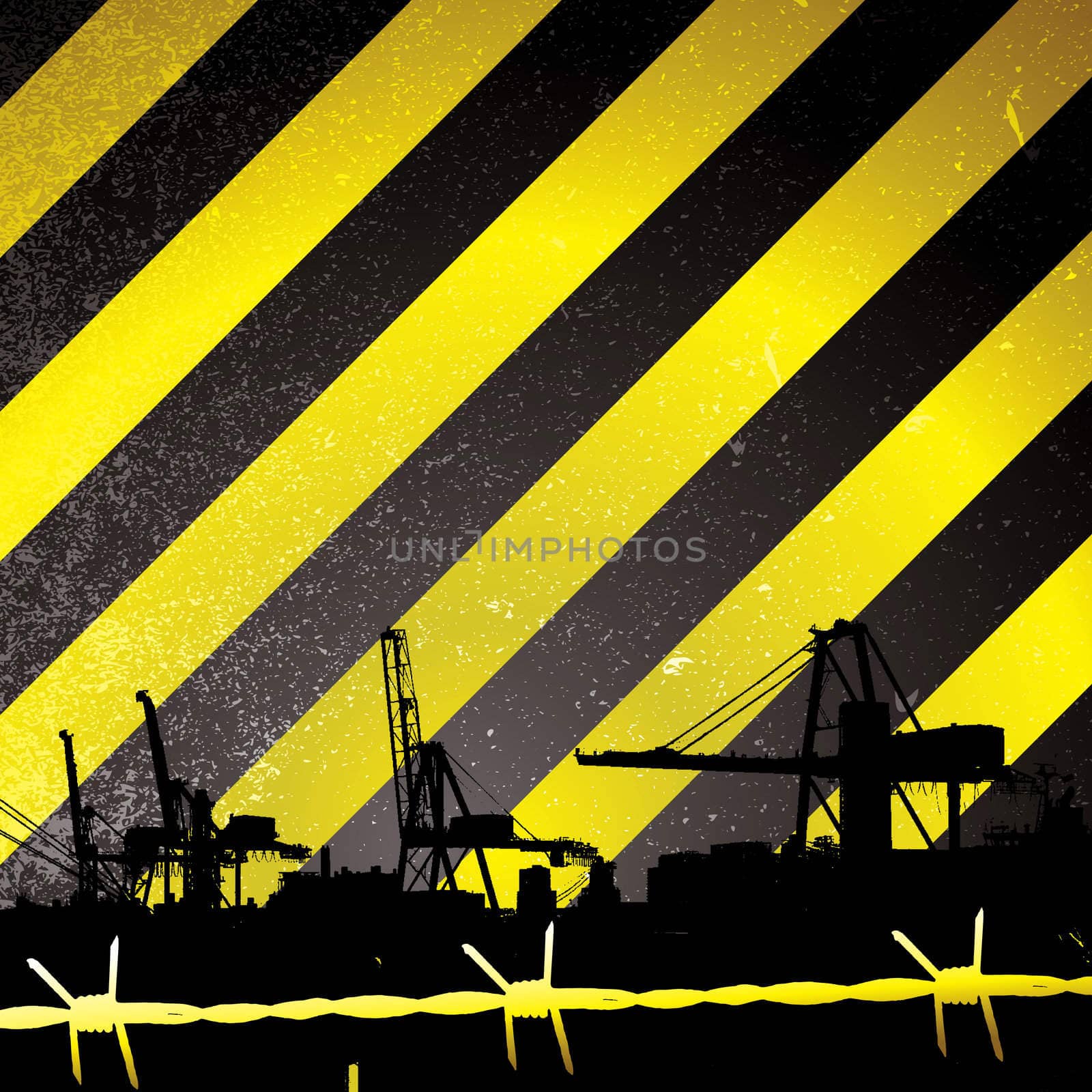 Crane silhouette with yellow and black stripes and barbwire