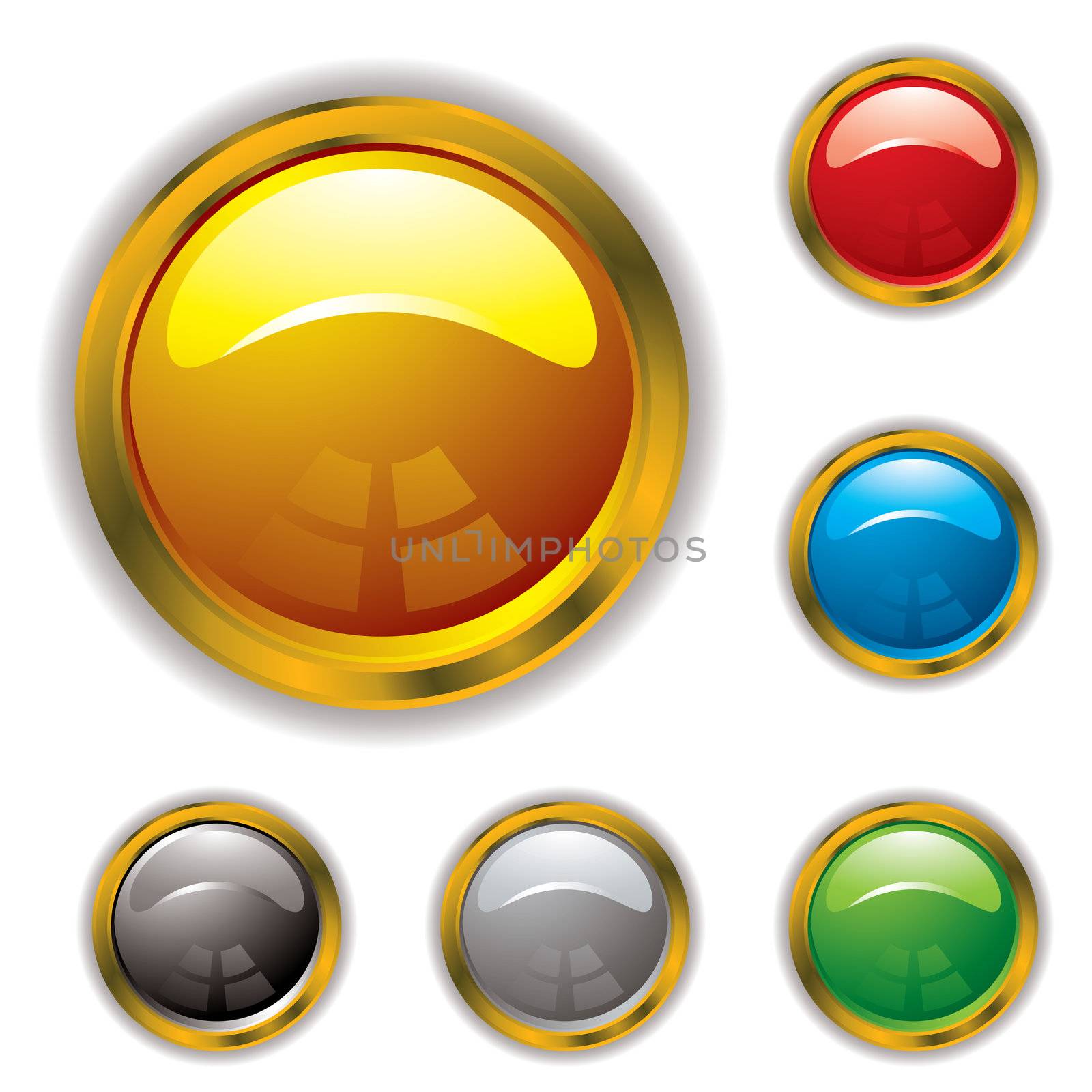 Circular gel filled icons with gold bevel and drop shadow