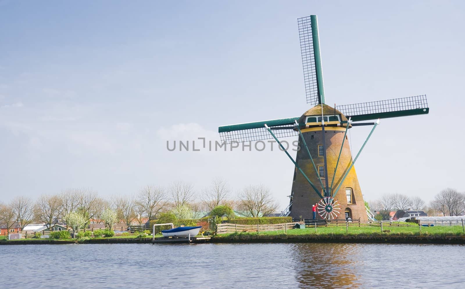 Dutch mill in polder landscape with man turning the wings into the wind