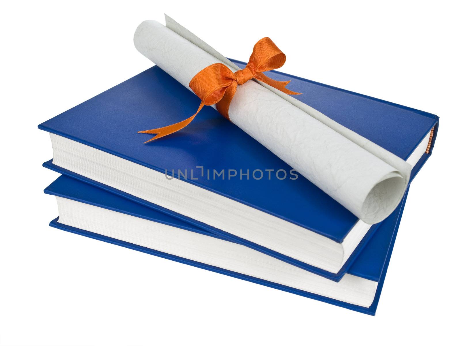 A diploma with orange ribbon over blue books. Isolated on white.