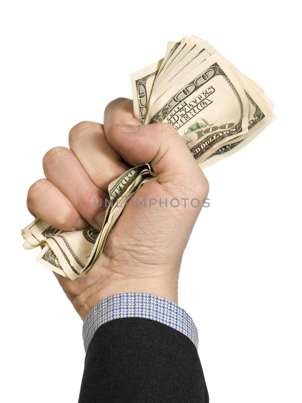  A few one hundred dollar bills on a man's fist. Isolated on white.