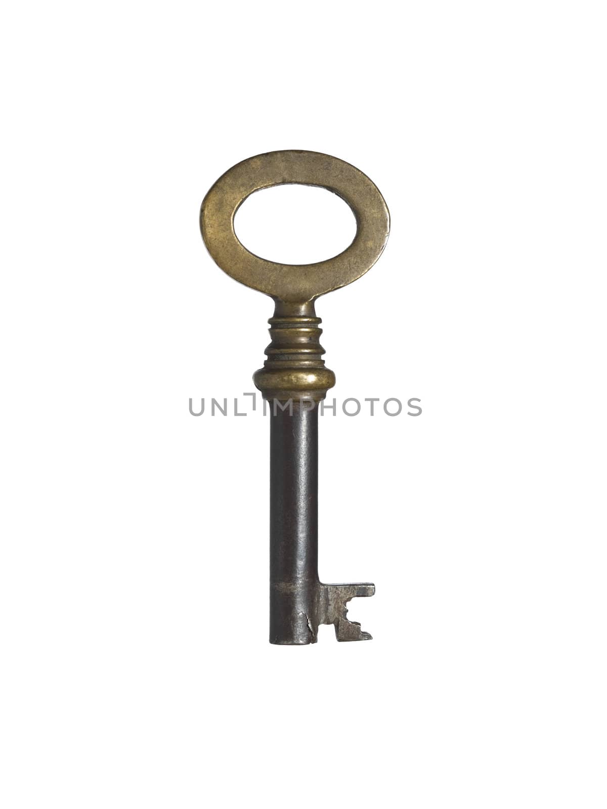 A rusted old fashion key isolated over a white background.