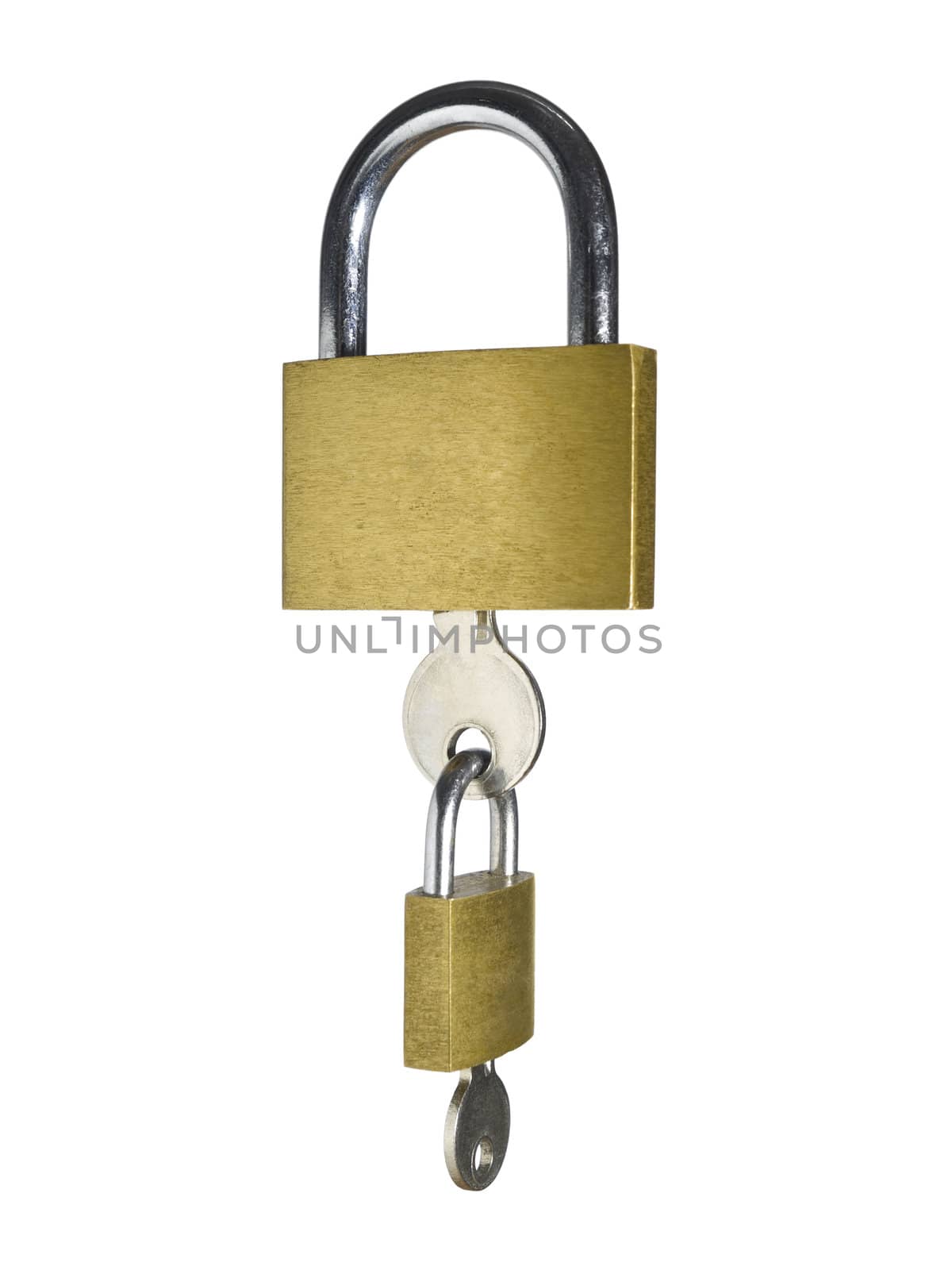 Two locks with their keys as a chain. Isolated on white background.