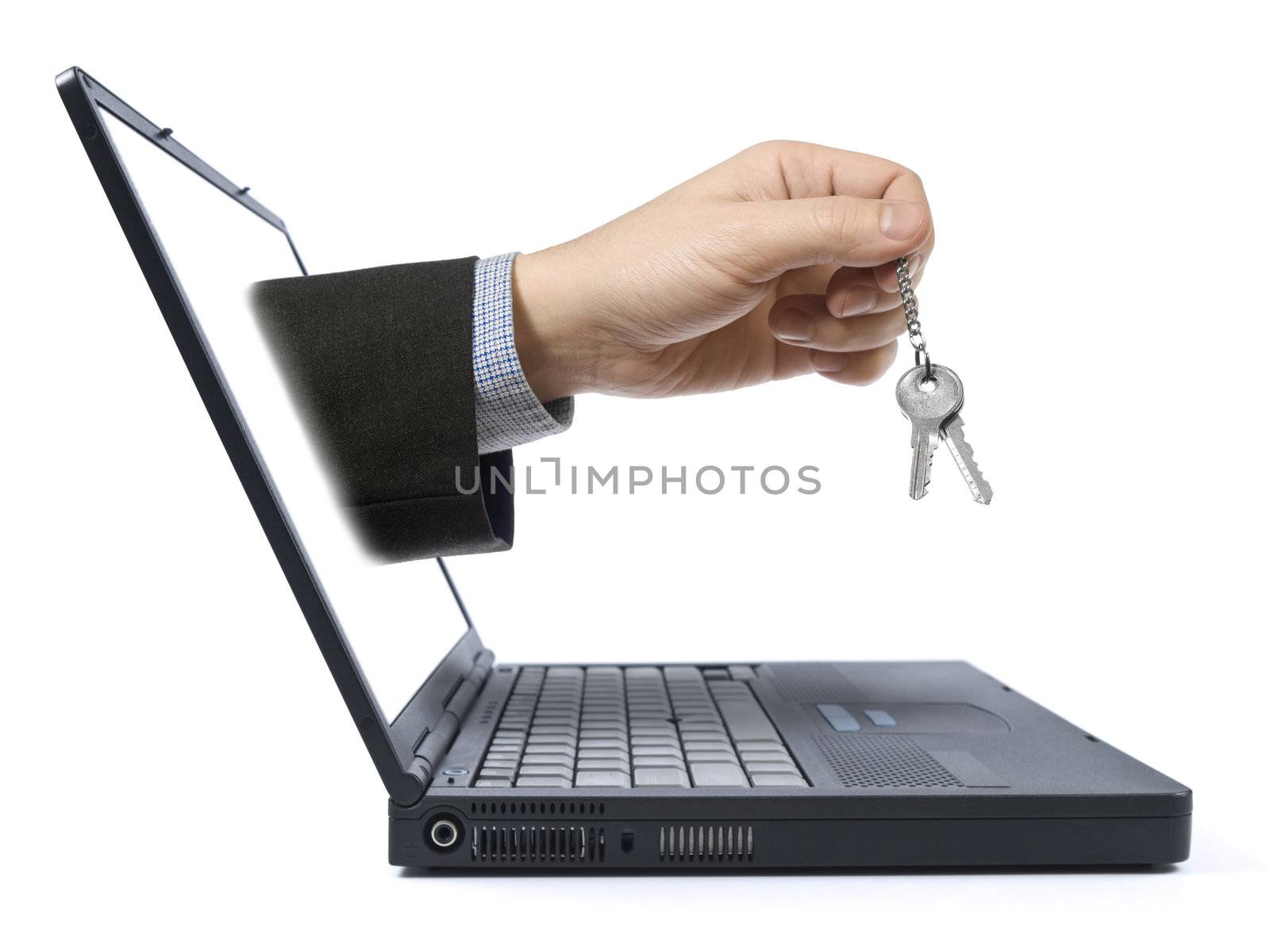 A hand holding a pair of keys comes from the laptop screen. Isolated over white background.