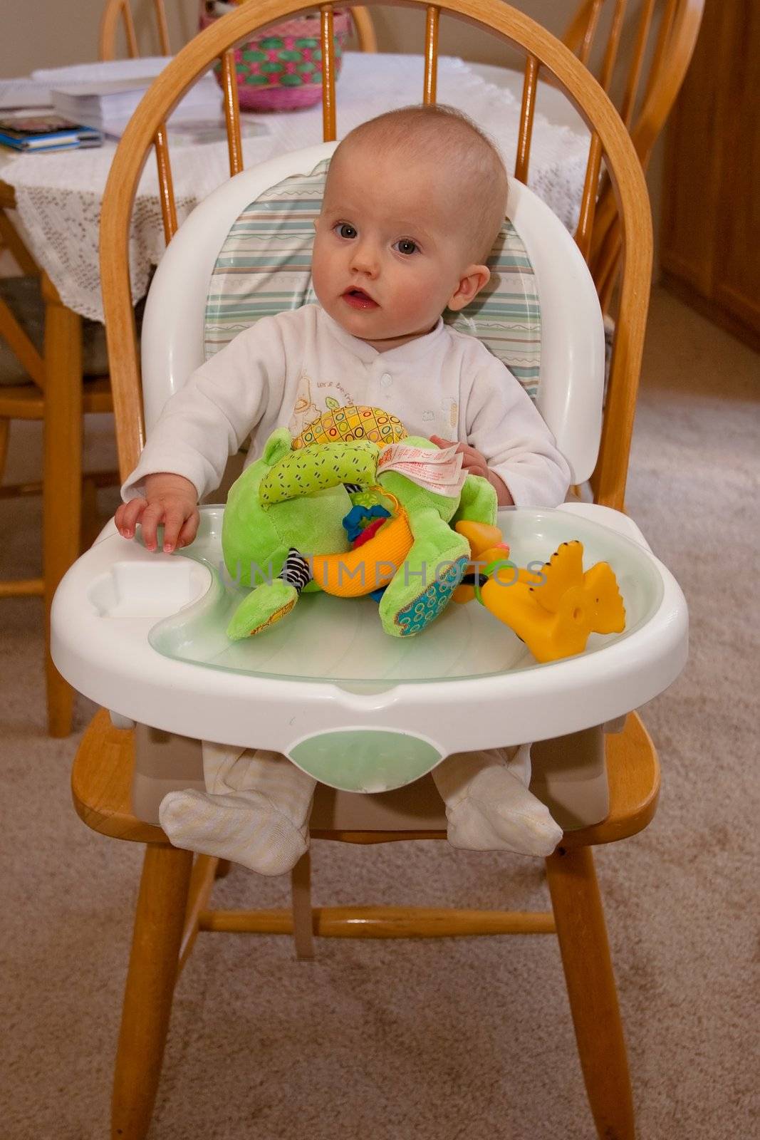 A high chair is a piece of furniture used for feeding older babies and younger toddlers. The seat is raised a fair distance from the ground, so that a person of adult height may spoon-feed the child comfortably from a standing position.