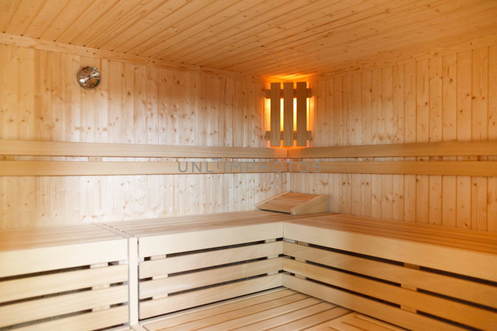 Close-up shot of inside of a wooden sauna