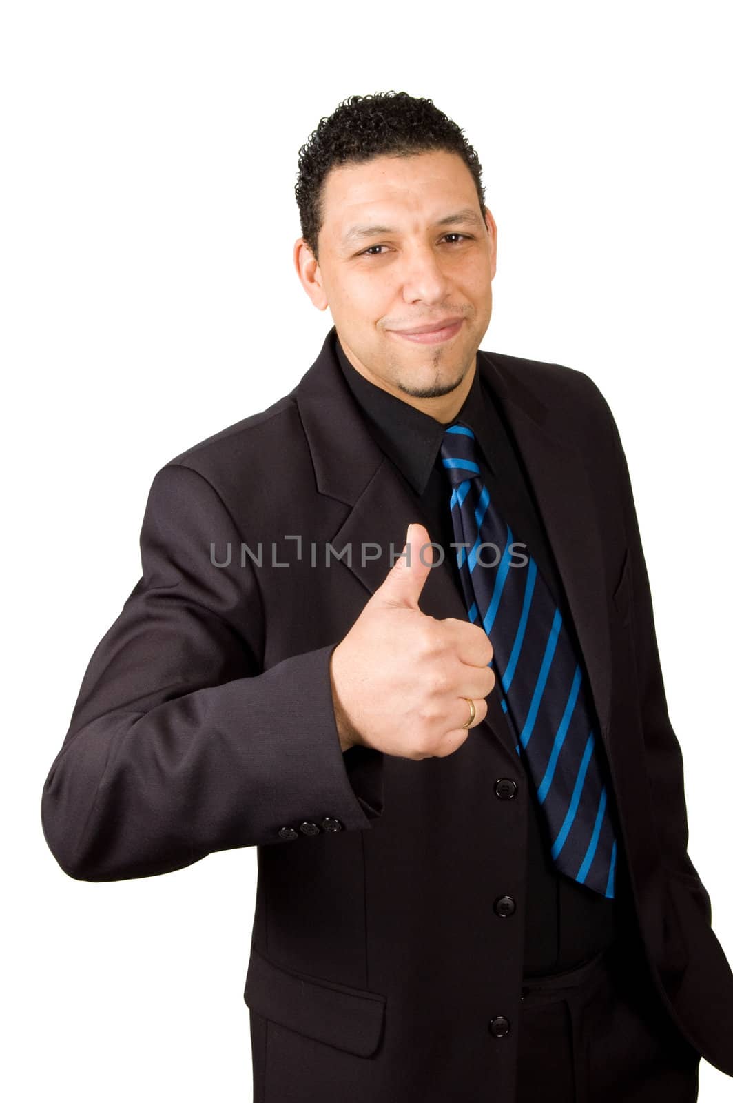 happy aruban businessman is puthing his thumb  up on white