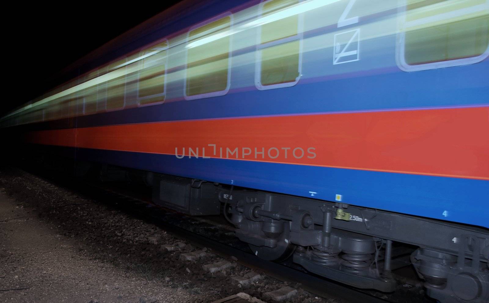 Fast passenger train in the night with motion blur