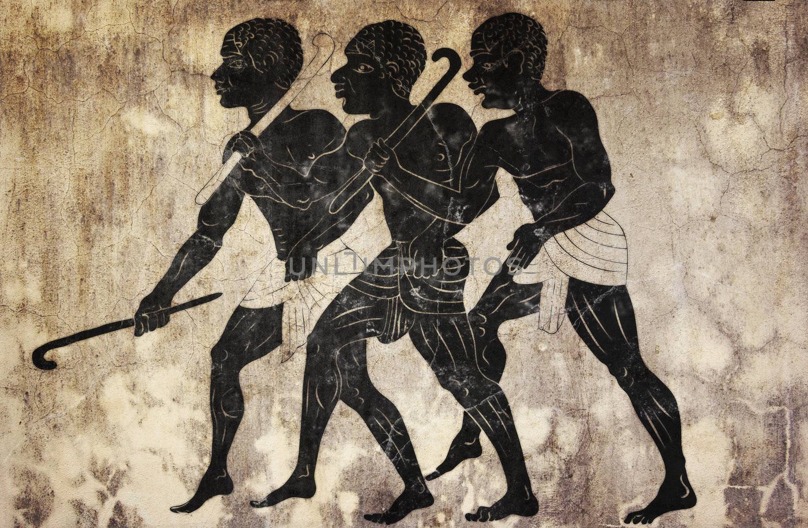 Ancient art - image of the three hunters in primitive style like mural painting
