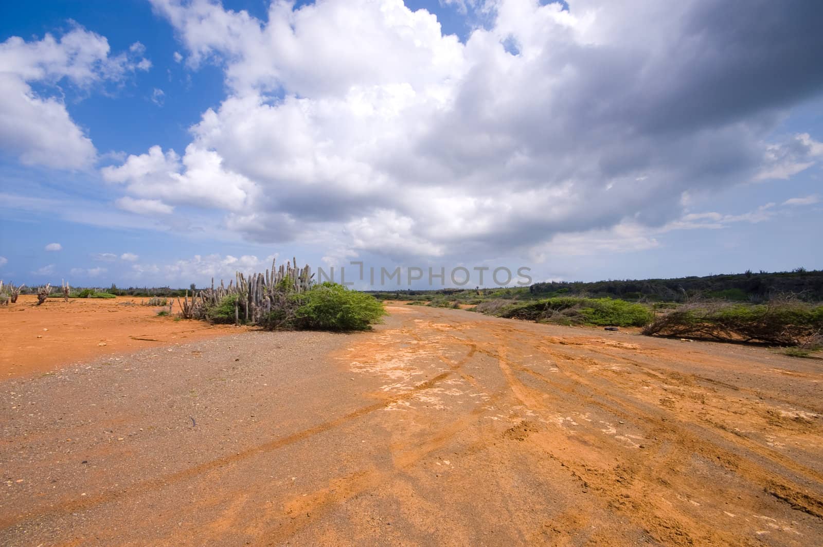 flat hato plateau curacao with a dark cloudy sky and  red brown earth visable 
