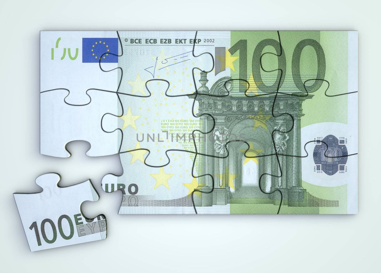 100 Euro note as a puzzle - one piece seperately - top view