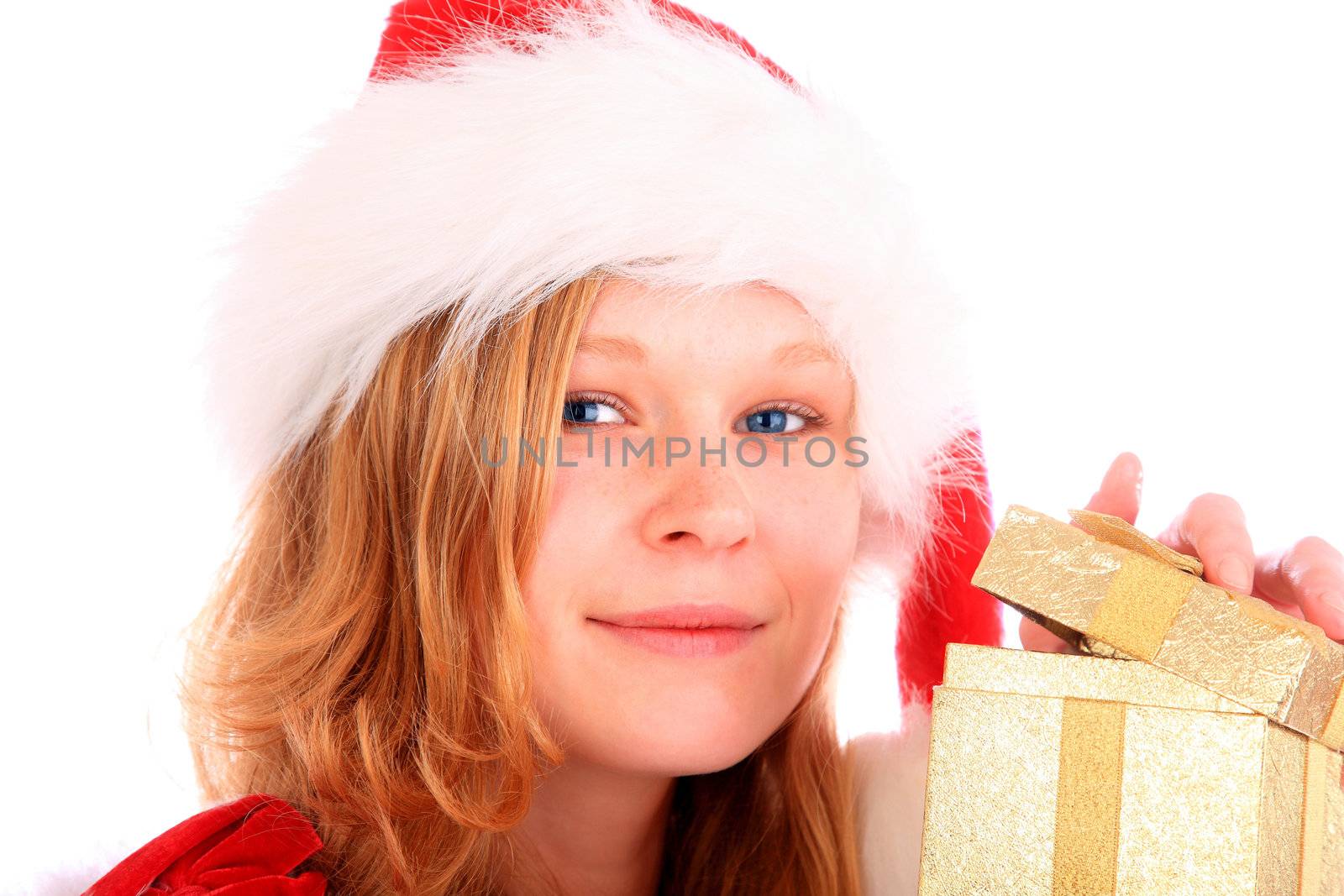 Miss Santa is Opening a Golden Gift Box by PixBox