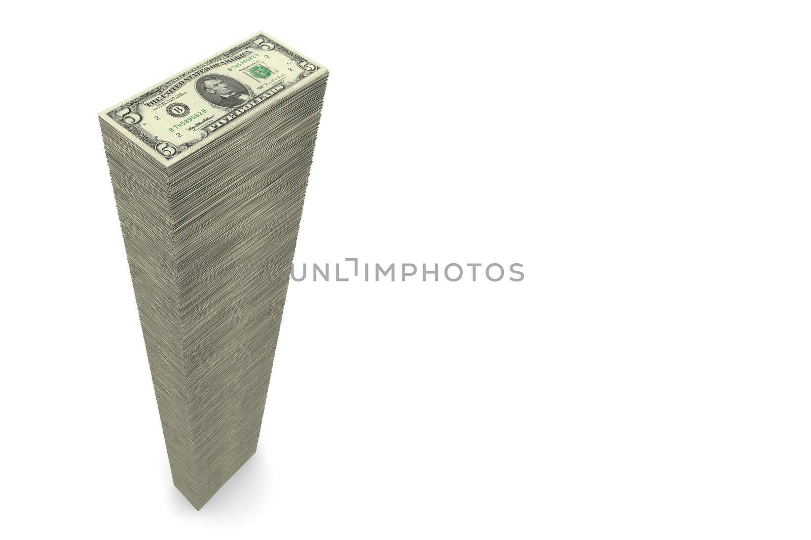 massive money pile of 5 Dollar notes on white background