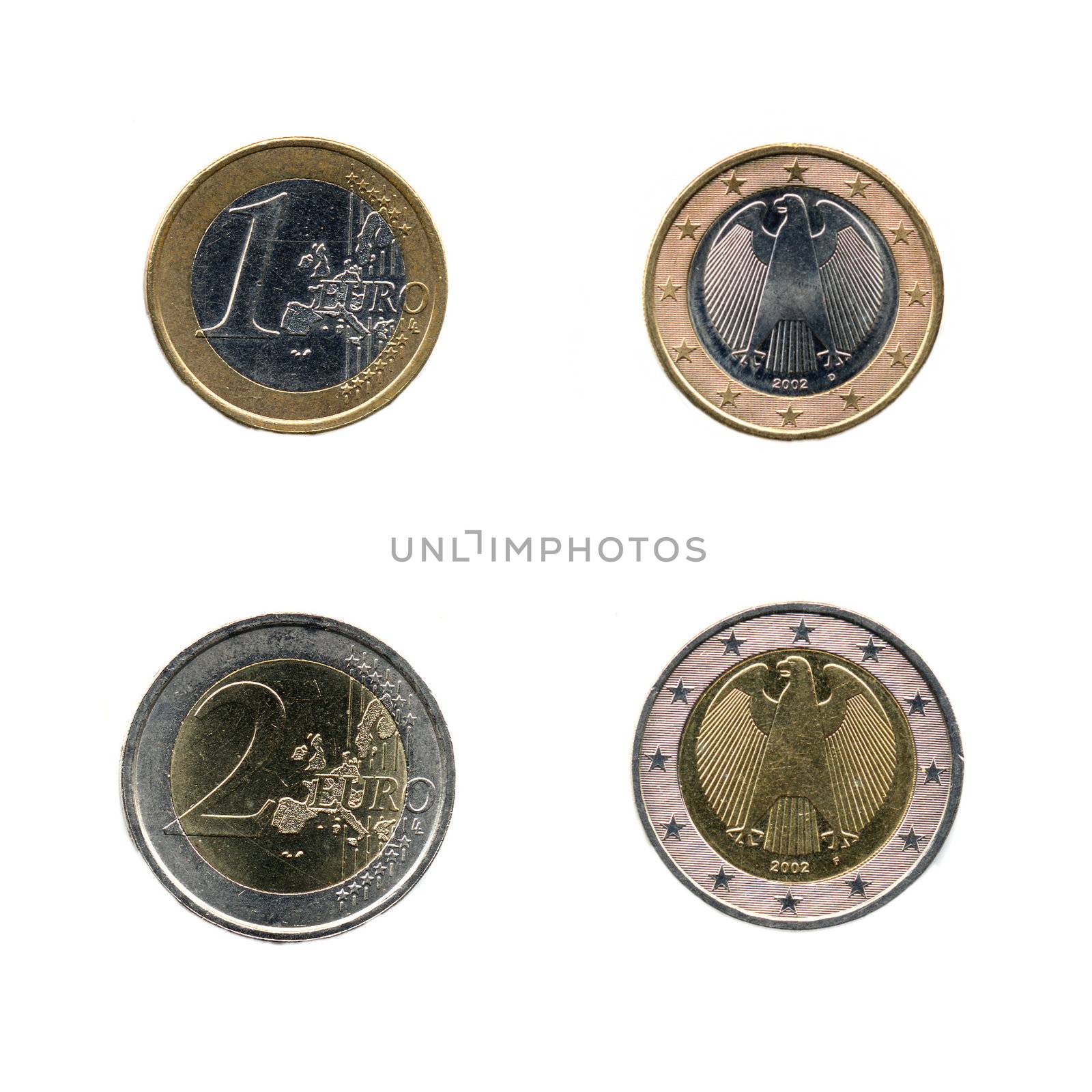 Range of 1 and 2 Euro coins isolated on white