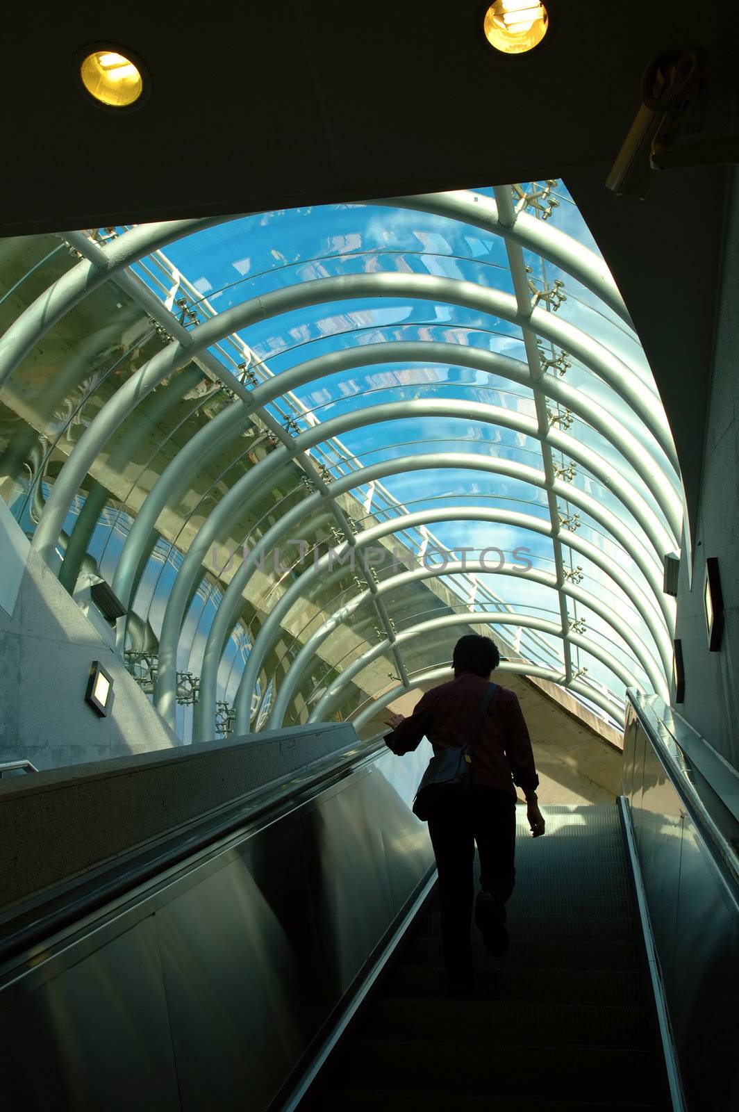 A view of subway escalator from upward